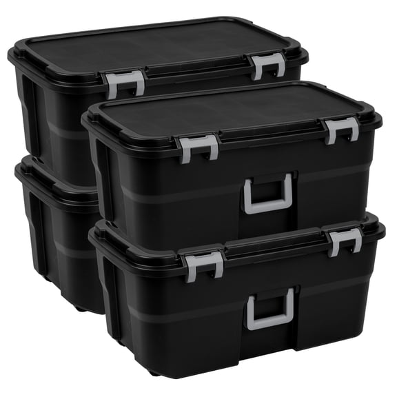 Sterilite Wheeled Footlocker, 22 Gallon Plastic Storage Container with Lid, Black, 4 Pack
