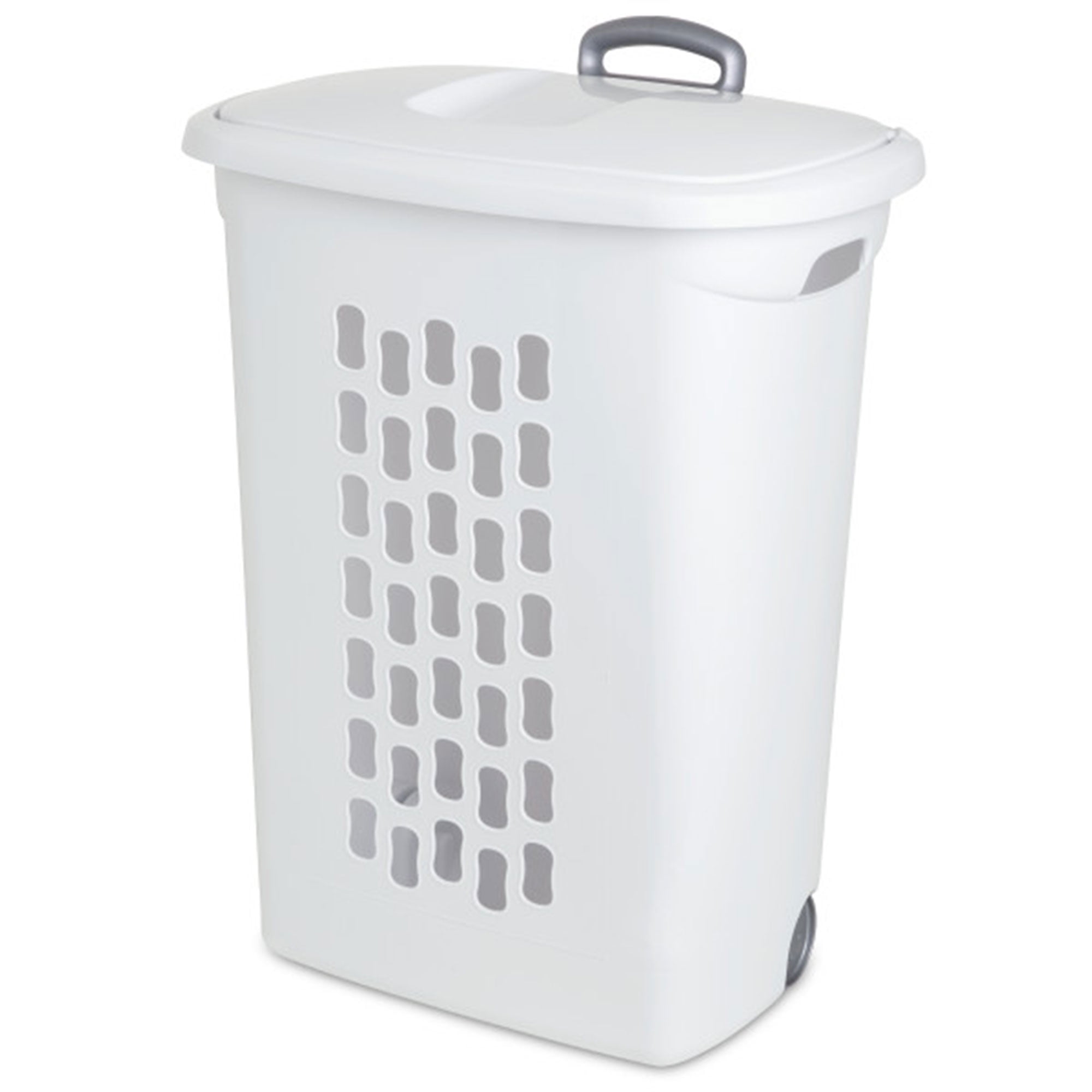 White Plastic Upright Laundry Hamper with Wheels and Lid
