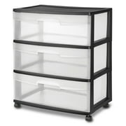 Sterilite Storage Drawer, 3 Drawer Wide Plastic Storage Cart with Clear Pull Out Drawers, Black