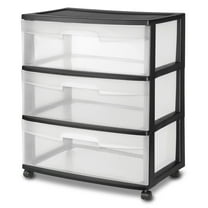 Sterilite Storage Drawer, 3 Drawer Wide Plastic Storage Cart with Clear Pull Out Drawers, Black