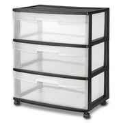 Sterilite Wide 3 Drawer Cart, Clear Plastic Storage Drawers, Wheels Included, Black