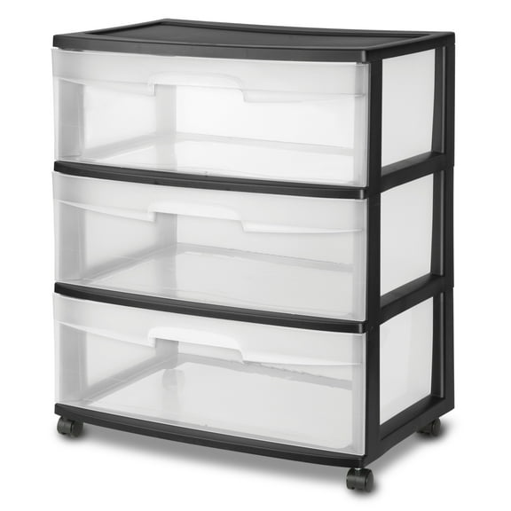 Sterilite Storage Drawer, 3 Drawer Wide Plastic Storage Cart with Clear Pull Out Drawers, Black