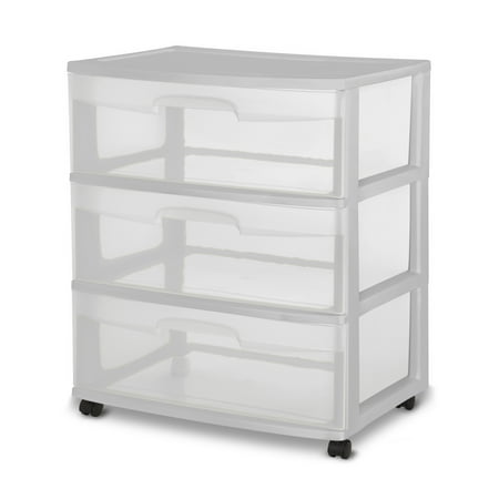 Sterilite Wide 3 Drawer Cart Plastic, Brushed Silver
