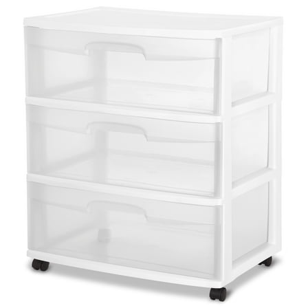 Sterilite 3 Drawer Wide Cart, Clear Plastic Storage Drawers, Wheels Included, White