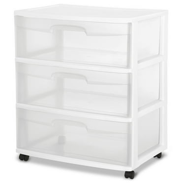 Sterilite Storage Drawer, 3 Drawer Wide Plastic Storage Cart with Clear Pull Out Drawers, White
