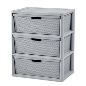 Sterilite Wide 3 Drawer Tower, Plastic Storage Organizer with Removable Decorative Bins, Easy Assembly, No Tools Needed, Gray