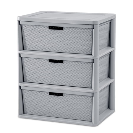 Sterilite Wide 3 Drawer Tower, Plastic Storage Organizer with Removable Decorative Bins, Easy Assembly, No Tools Needed, Gray