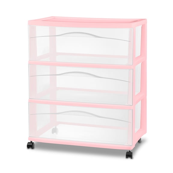 Sterilite Wide 3 Drawer Storage Cart, Plastic Rolling Organization Cart, Pink Frost