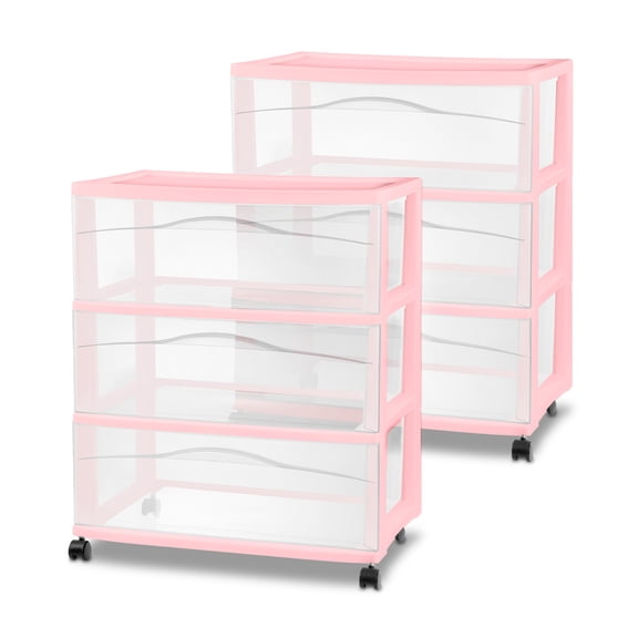 Sterilite Wide 3 Drawer Storage Cart, Plastic Rolling Organization, Pink Frost, 2 Pack