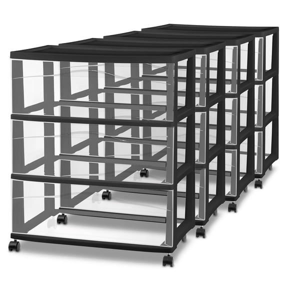 Sterilite Wide 3 Drawer Storage Cart, Plastic Rolling Organizer, Black Frame, 4 Pack