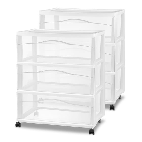 Sterilite Wide 3 Drawer Storage Cart, Plastic Rolling Organizer, White Frame, 2 Pack