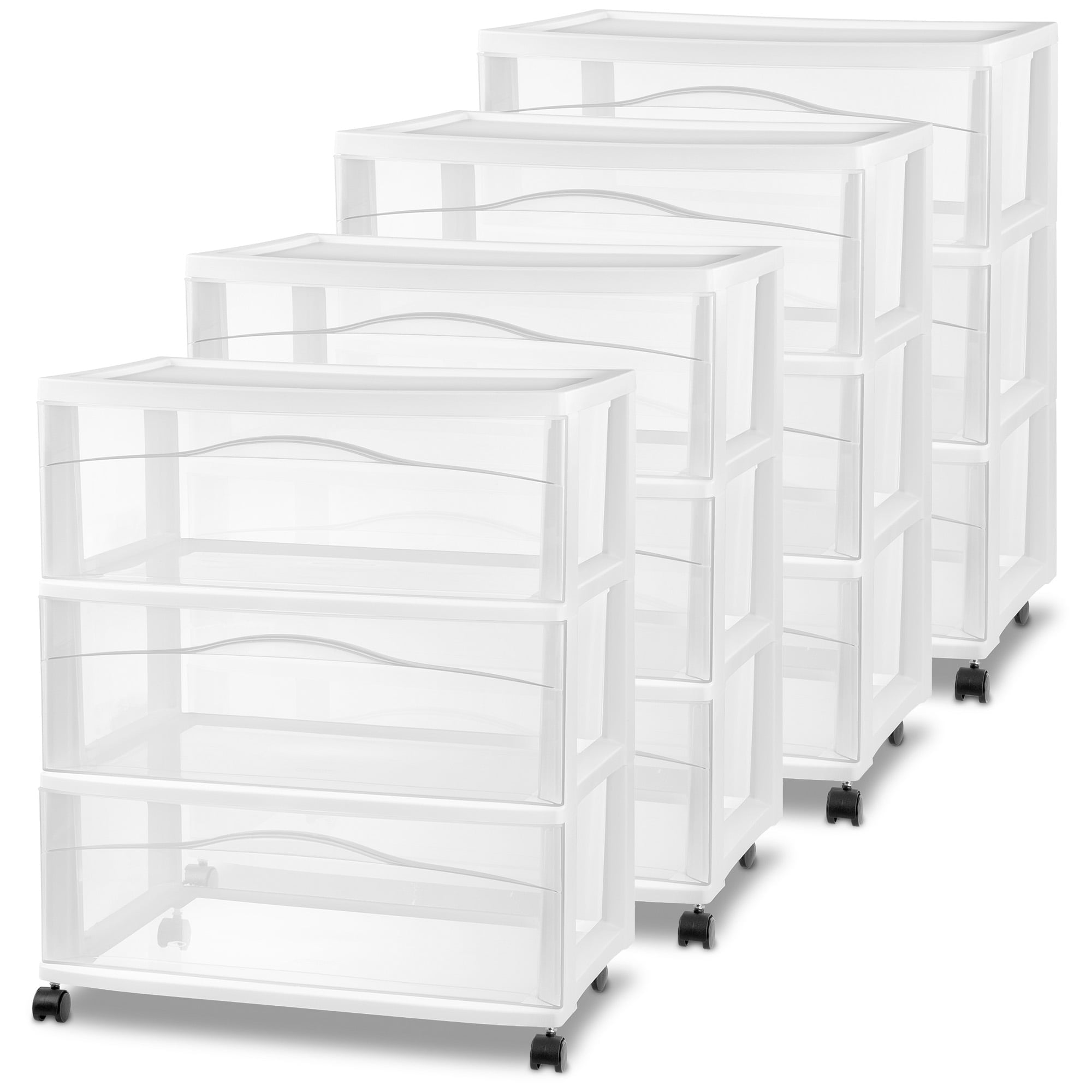 Sterilite Wide 3 Drawer Storage Cart, Plastic Rolling Organizer, White Frame, 4 Pack