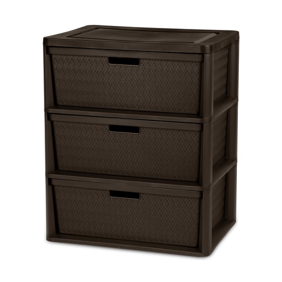 Sterilite Wide 3 Drawer Storage Tower, Plastic Organizer with Decorative Bins, Easy Assembly, Brown