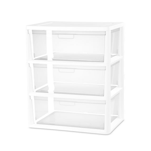 Sterilite Wide 3 Drawer Tower, Versatile Storage Solution with Removable Clear Plastic Bins, Easy to Assemble, White