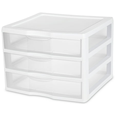 Sterilite Wide 3 Drawer Unit, Clear Plastic Countertop or Desktop Drawers, White