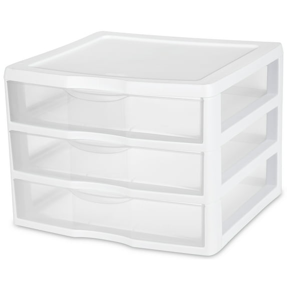 Sterilite Wide 3 Drawer Unit, Clear Plastic Countertop or Desktop Drawers, White