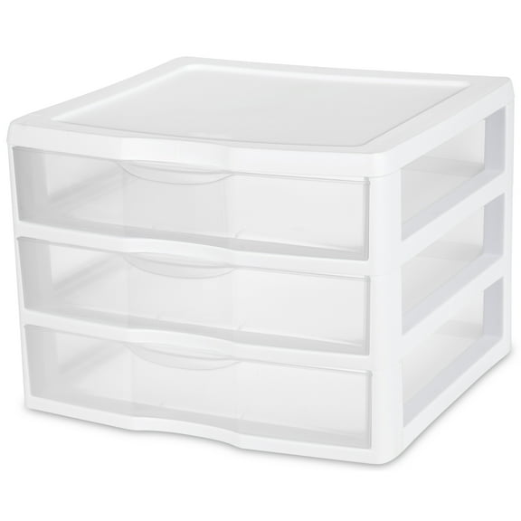 Sterilite Wide 3 Drawer Unit, Clear Plastic Countertop or Desktop Drawers, White