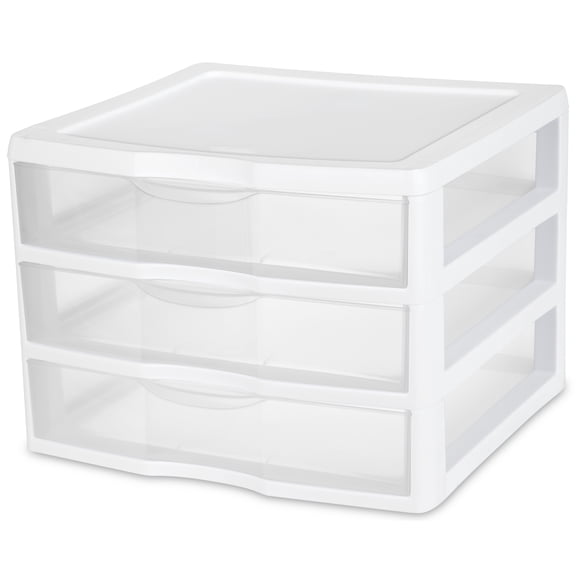 Sterilite Wide 3 Drawer Unit, Countertop Organizer, Clear Storage Solution for Desks, Countertops, and Shelves, White
