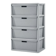 Sterilite Wide 4 Drawer Cross-Weave Tower, Stylish Pattern, Removable Plastic Bins, Easy to Assemble, Light Gray