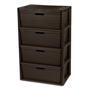 Sterilite Wide 4 Drawer Tower, Plastic Storage Organizer with Removable Decorative Bins, Easy Assembly, No Tools Needed, Brown
