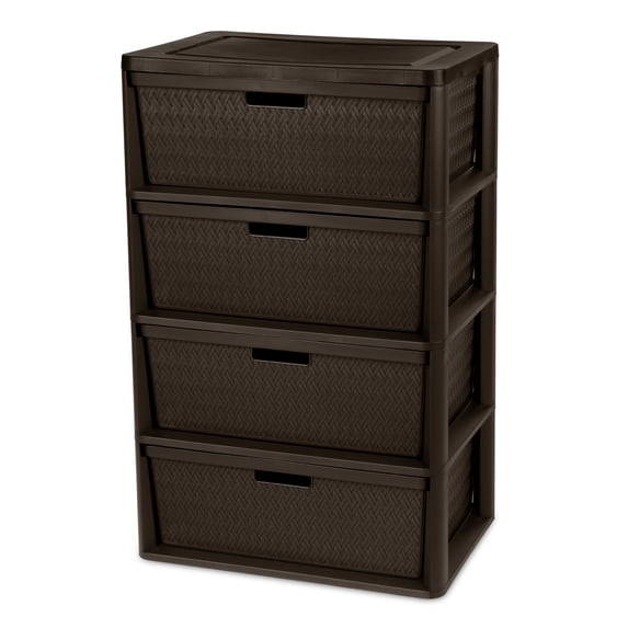 Sterilite Wide 4 Drawer Tower, Plastic Storage Organizer with Removable Decorative Bins, Easy to Assemble - No Tools Needed, Brown