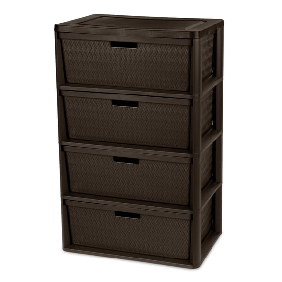 Sterilite Wide 4 Drawer Tower, Easy to Assemble with Removable Decorative Cross-Weave Plastic Drawers, Tool-Free, Brown