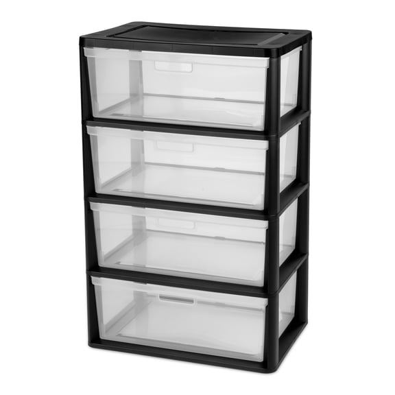 Sterilite Wide 4 Drawer Tower, Plastic Storage Organizer with Removable Clear Bins, Easy to Assemble - No Tools Needed, Black