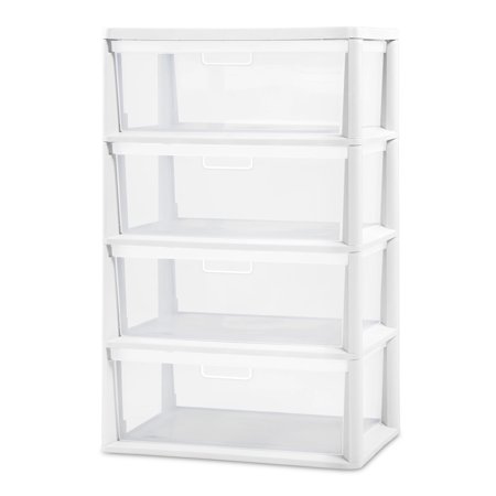 Sterilite Wide 4 Drawer Tower, Versatile Storage with Clear Drawers Become Removable Bins, Easy to Assemble, White