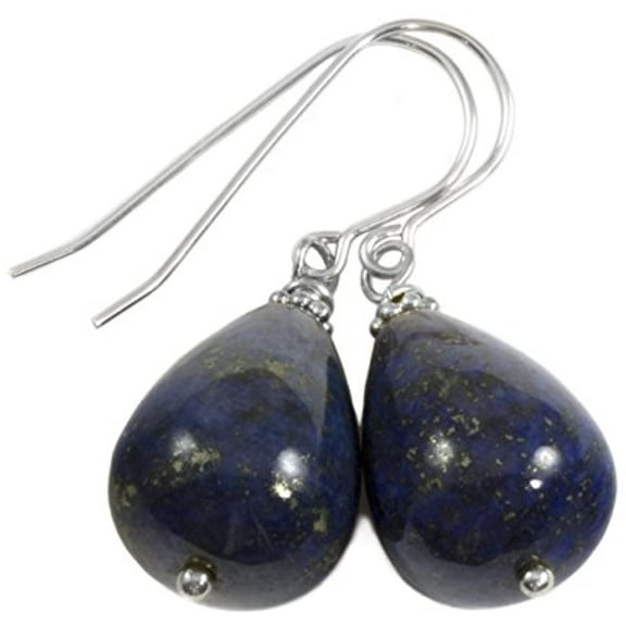 Sterilng Silver Lapis Lazuli Earrings Blue Fat Rounded Briolette Smooth Teardrops Simple Dangle Drops Designed for Adult Women