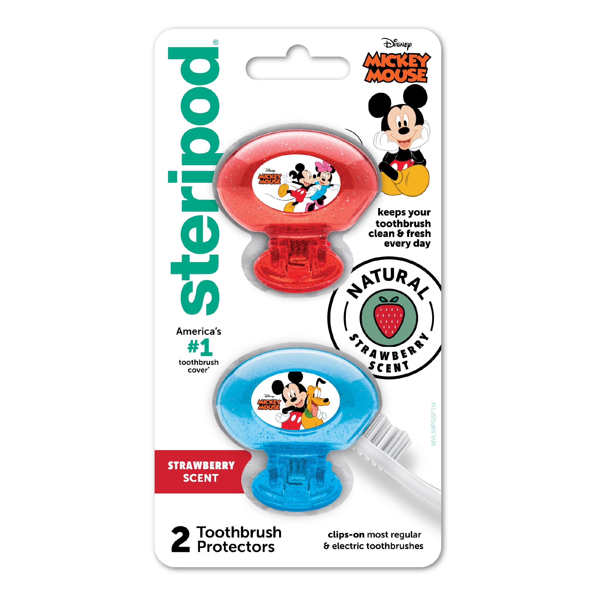 Steripod Clip-on Toothbrush Protector, Mickey Mouse, Strawberry Scent, For Kids, 2 Count