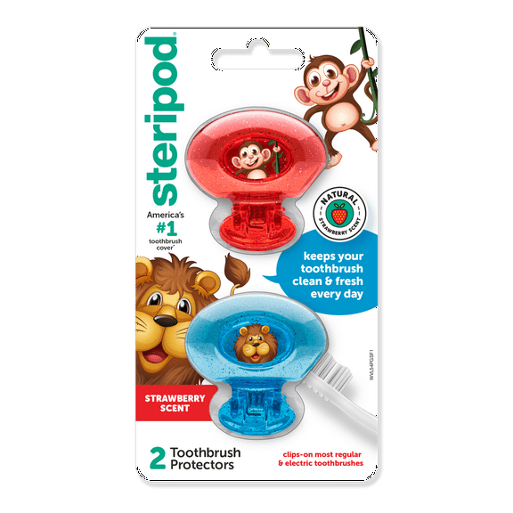 Steripod Clip-on Toothbrush Protector, Red and Blue Glitter, for Kids, 2 Count
