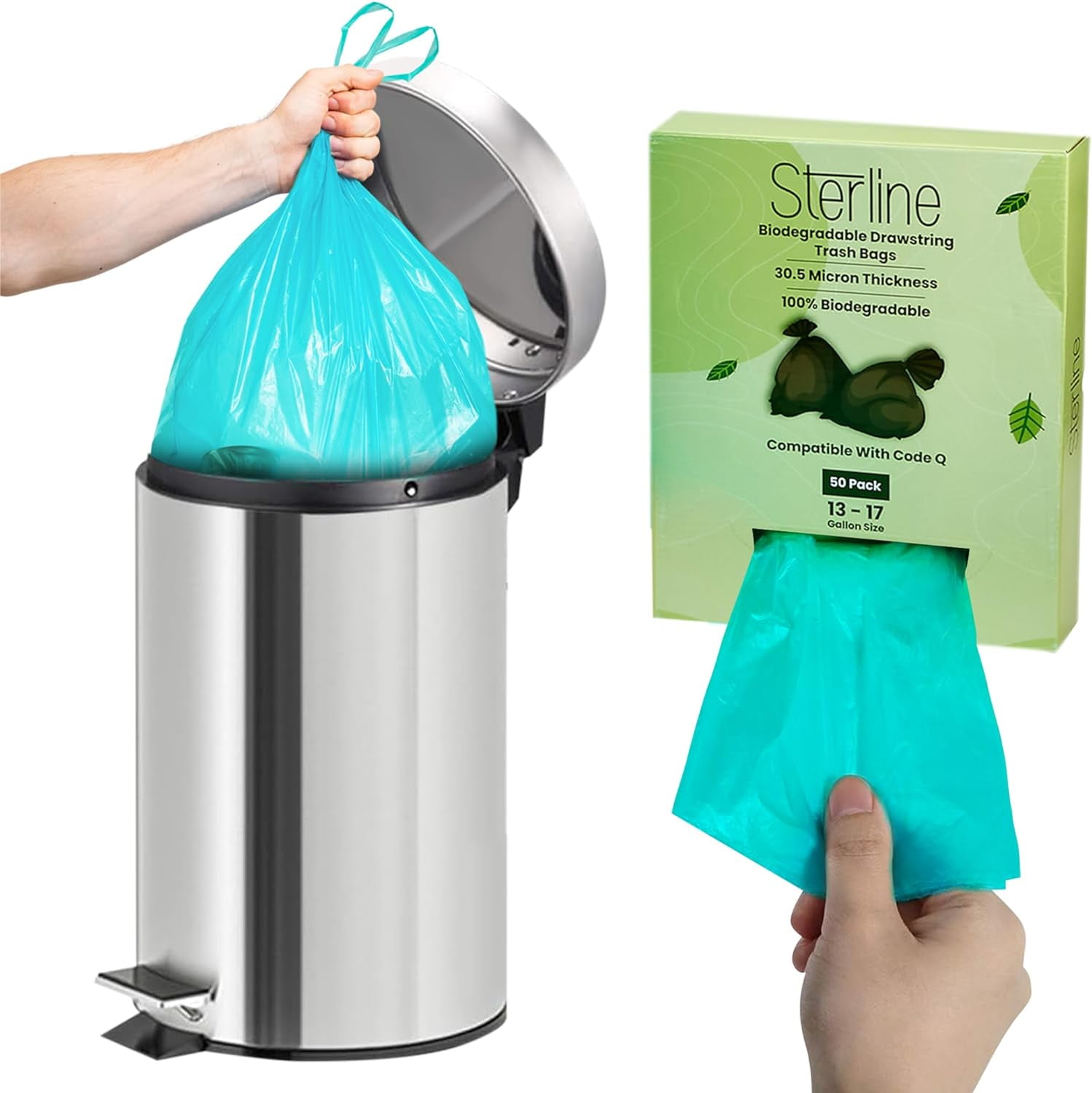 Sterline Eco-Friendly Trash Bags Code Q - 50PK 13-17 Gallon (50-65L) Biodegradable Garbage Bags - Compatible with SimpleHuman - Sustainable, Compostable, Heavy-Duty - Green Living Solution