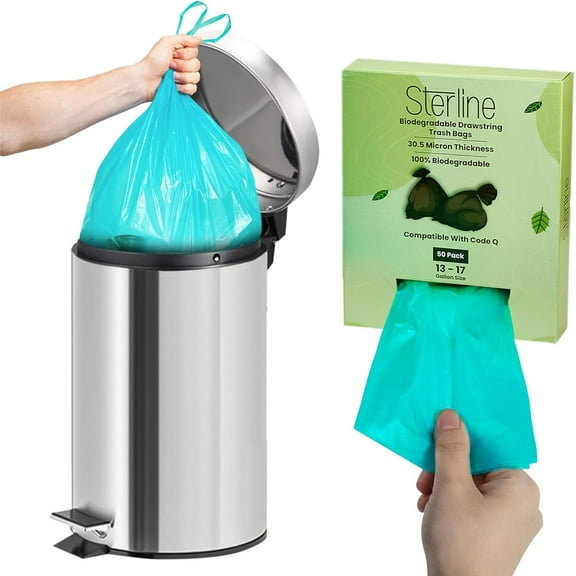 Sterline Eco-Friendly Trash Bags Code Q - 50PK 13-17 Gallon (50-65L) Biodegradable Garbage Bags - Compatible with SimpleHuman - Sustainable, Compostable, Heavy-Duty - Green Living Solution