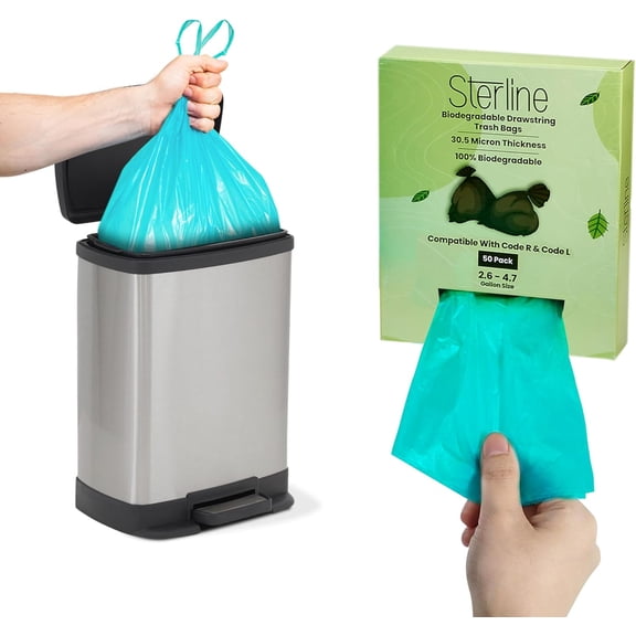 Sterline Eco-Friendly Trash Bags Code R/L - 50PK 2.6-4 Gallon (10-15L) Biodegradable Garbage Bags - Compatible with SimpleHuman - Sustainable, Compostable, Heavy-Duty - Green Living Solution