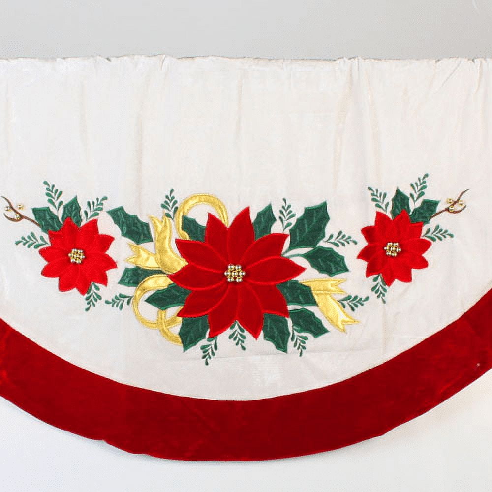 Ivory and Red Poinsettia Christmas Tree Skirt with Beads, 48"