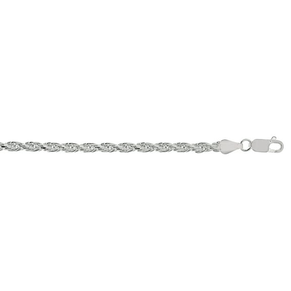 Sterling .925 Silver 22" with Rhodium Finish 3.5mm Diamond Cut Rope Chain Necklace with Lobster Clasp