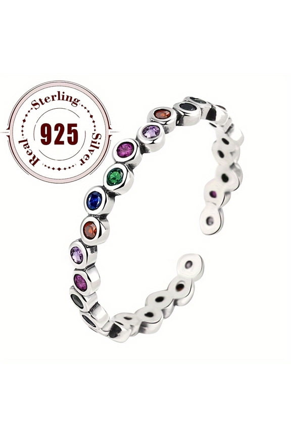 Sterling 925 Silver Hypoallergenic Open Ring With Colorful zirconia Inlaid Elegant Simple Style Delicate Female Ring,Silver