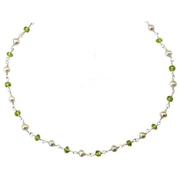 Sterling And Silvertone Peridot White Freshwater Cultured Pearl Necklace Beaded Chain Link (3.0-3.5mm), 18" Designed for Adult Women