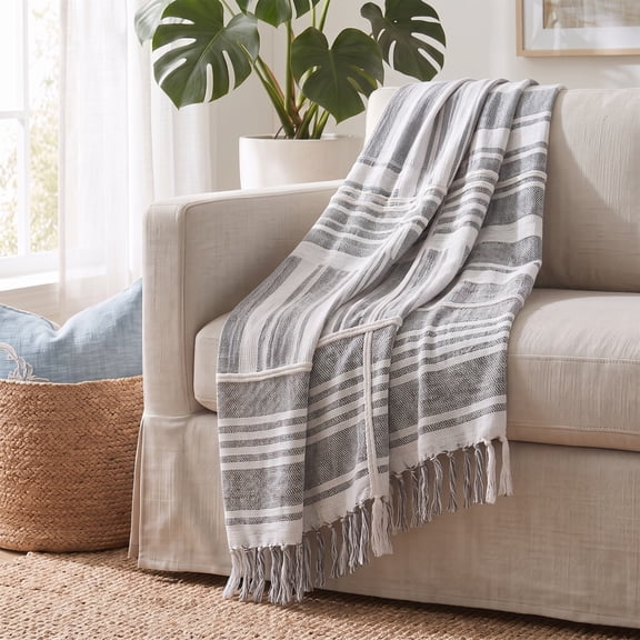 Sterling Birch Harbor Striped Organic Cotton Throw Blanket, Gray & White, 50" x 60"