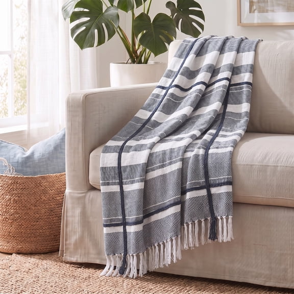 Sterling Birch Harbor Striped Organic Cotton Throw Blanket, Navy & White, 50" x 60"
