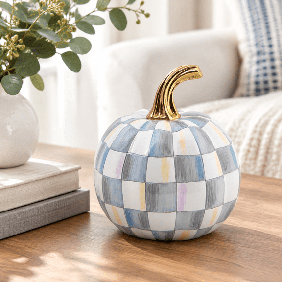 Sterling Check Mini Pumpkin Figurine, Gray-and-White Checkered Decor