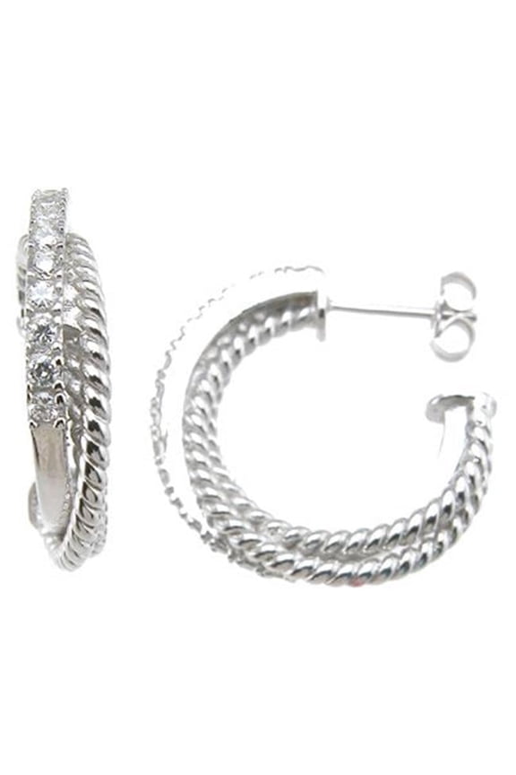 e6349 925 Sterling Silver Brilliant Hoop Pave Earrings, Rhodium Finish