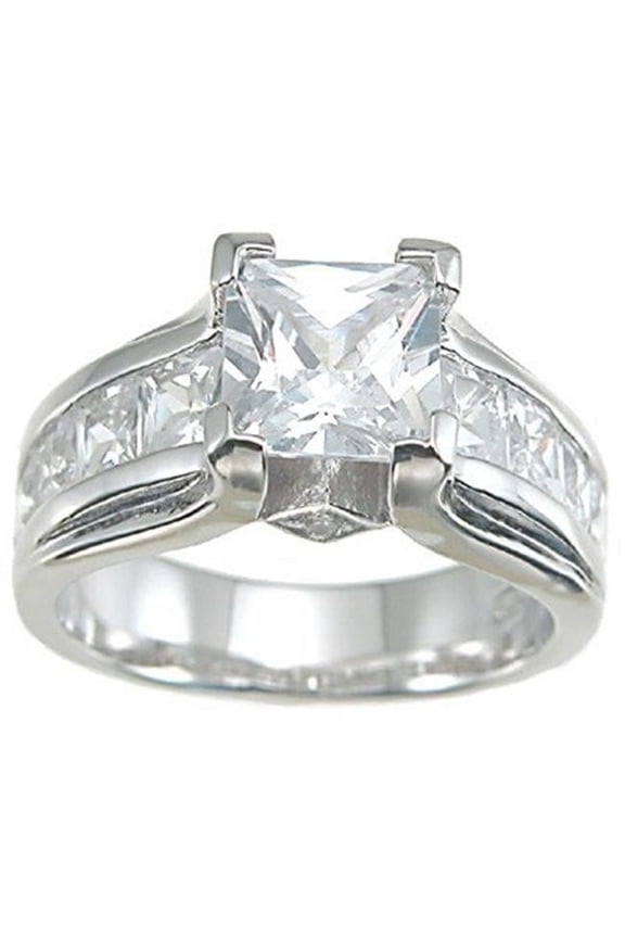 r6284 925 Sterling Silver Cubic Zirconium Princess Designer Inspired Anniversary Ring  Rhodium Finish - Size 5