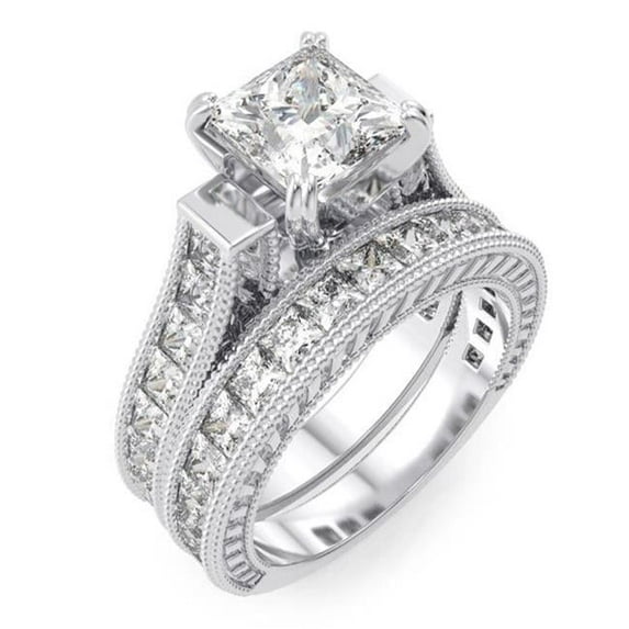 Sterling Couture rs6315 925 Sterling Silver Cubic Zirconium Princess Antique Style Engagement Set Ring Rhodium Finish - Size 5
