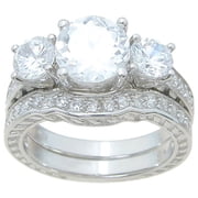 Sterling Couture rs6824 925 Sterling Silver Three Stone Antique Style Wedding Ring Set - Size 5