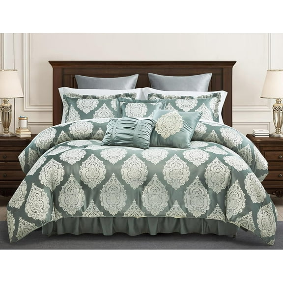 Sterling Creek 7-Piece Trinity Luxury Comforter Set, Traditional Gray-Green Jacquard Medallion Comforter with Decorative Pillow Cushions & Shams, Bed Skirt, Queen