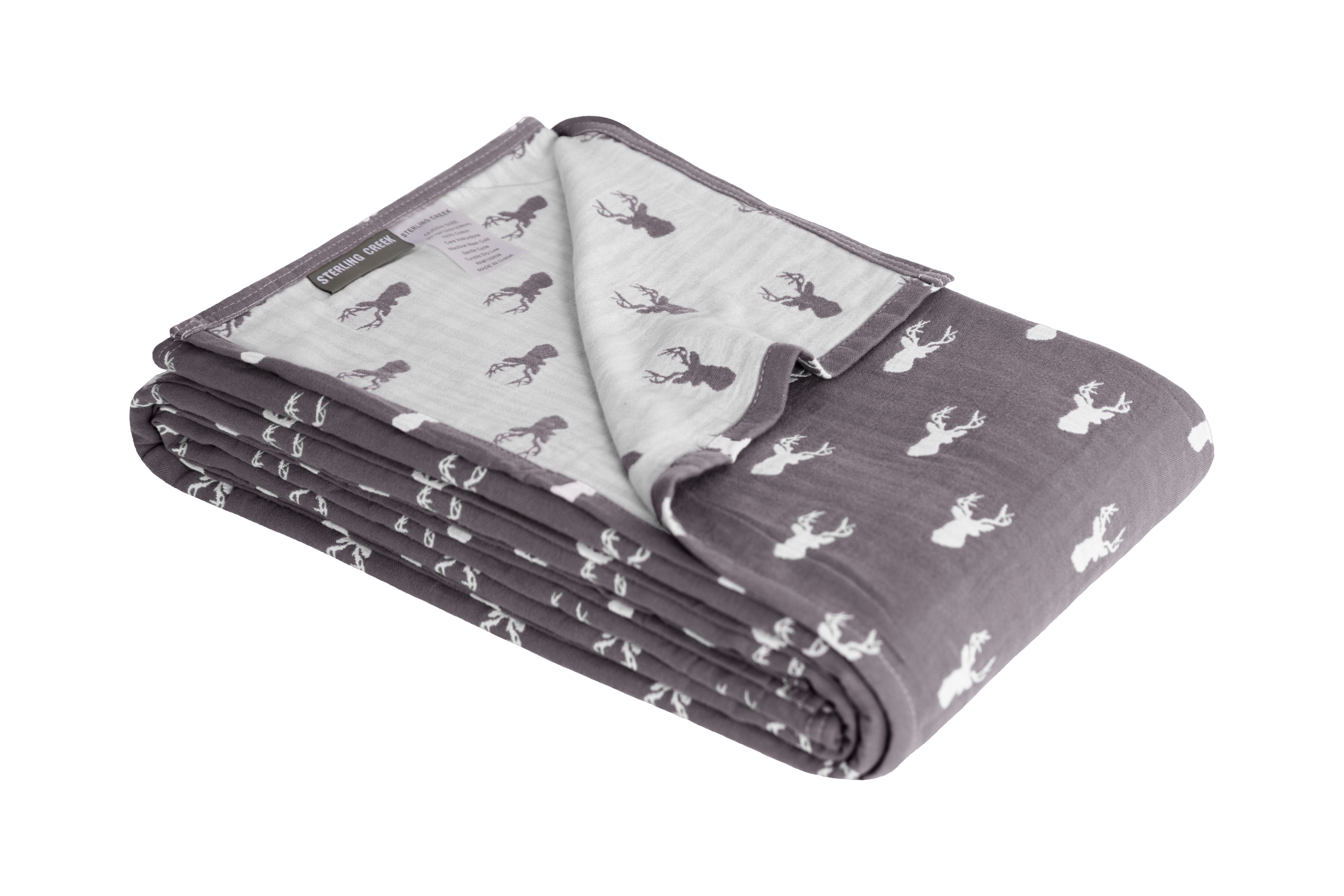 Gray and White Elk Print Queen Cotton Reversible Blanket