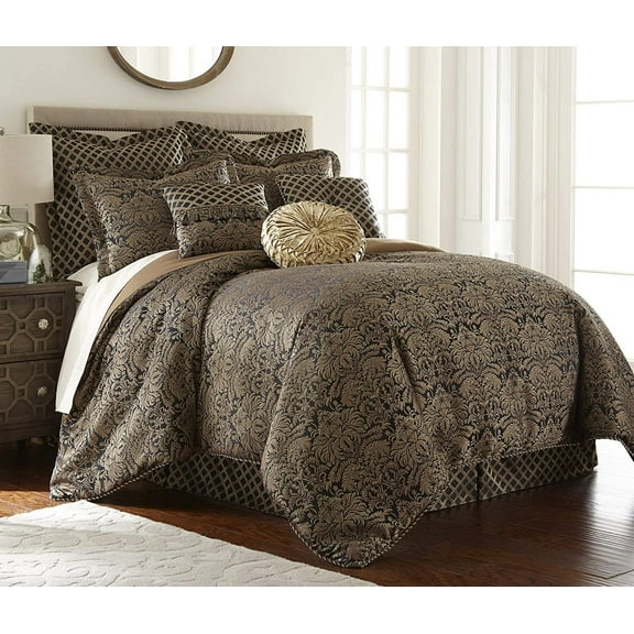 Sterling Creek Valencia 9-Piece Traditional Gold Black Floral Jacquard Woven Oversized Comforter Set, Queen