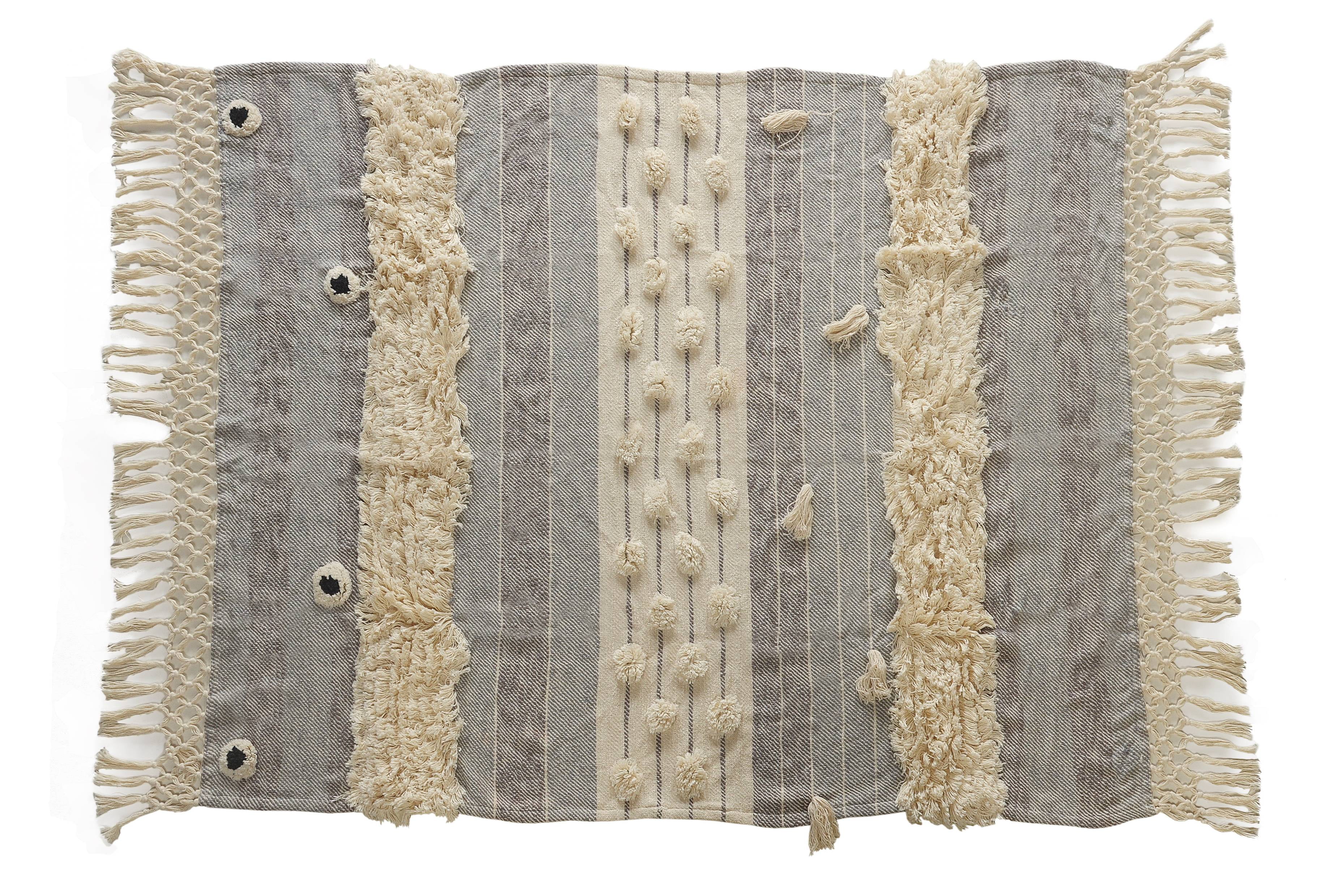 Handwoven Gray and Beige Cotton Reversible Throw Blanket