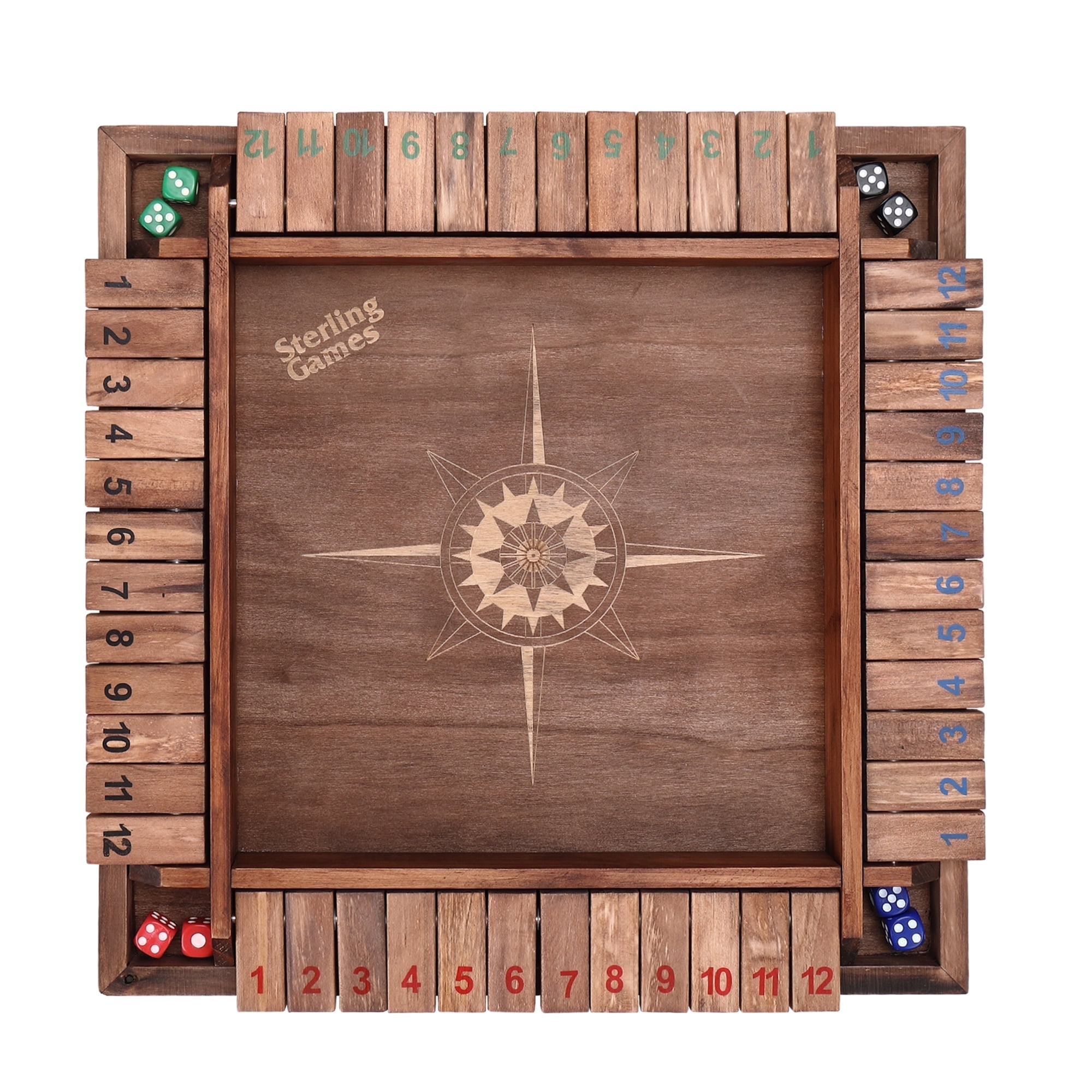 Sterling Games 12" Shut The Box Game for 4 Players with Nautical Themed Wooden Game Board